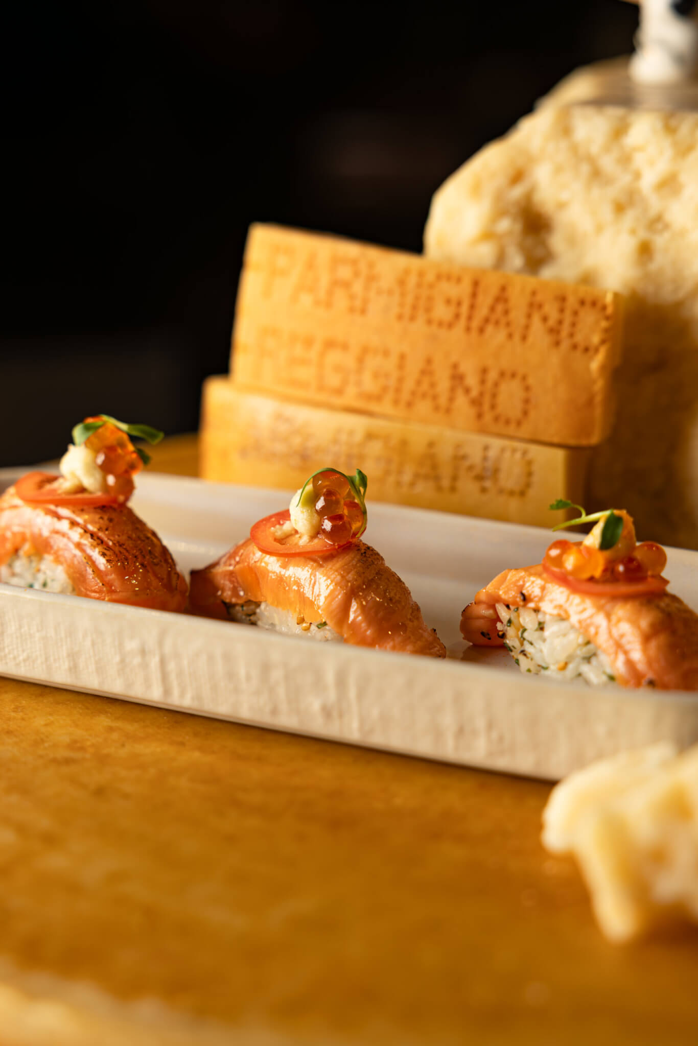 Aburi Salmon Nigiri Set with Salmon Toro and Parmigiano Reggiano Yuzu Kosho