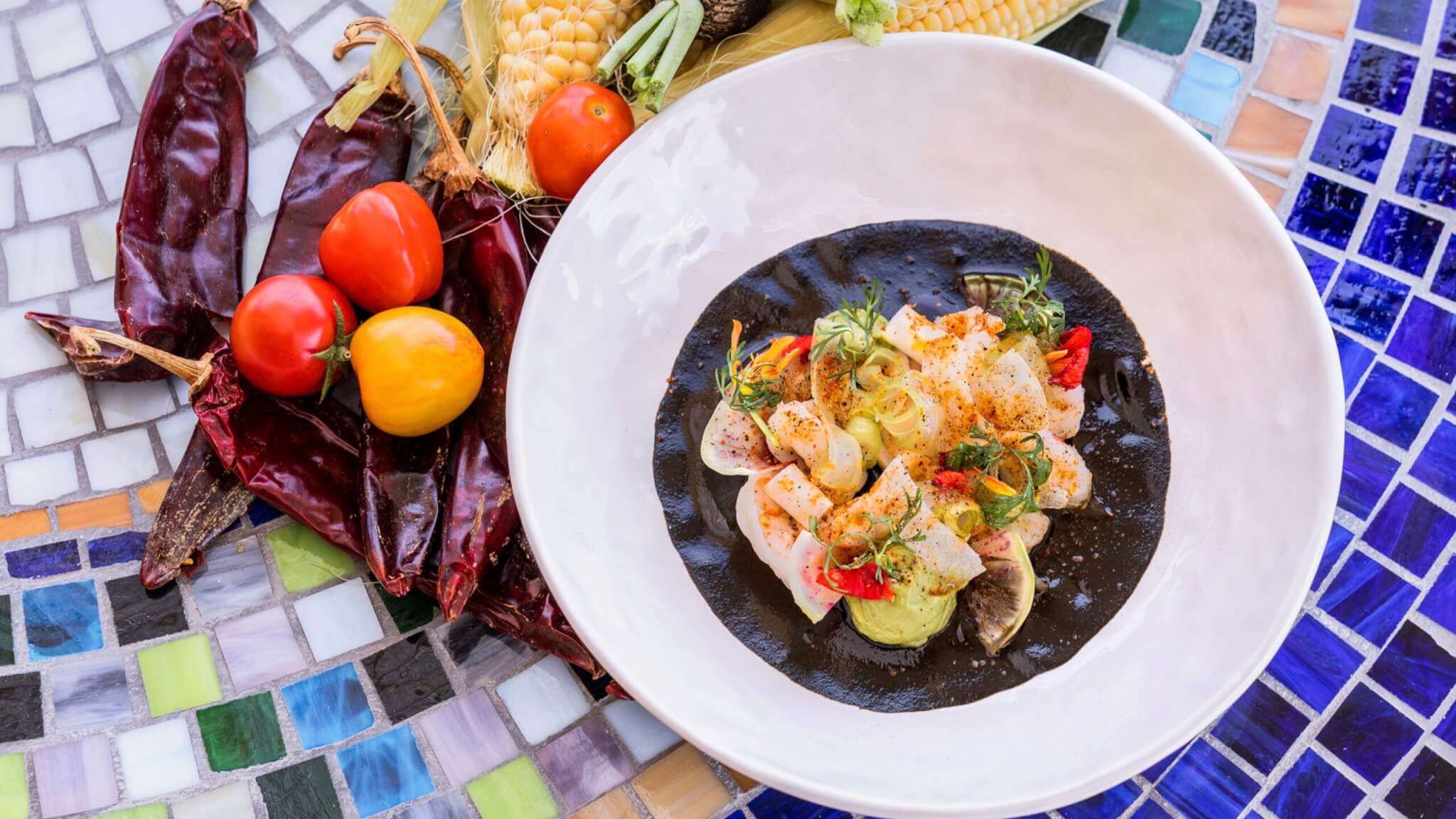 Black Shrimp Aguachile with Peppers and Tomatoes