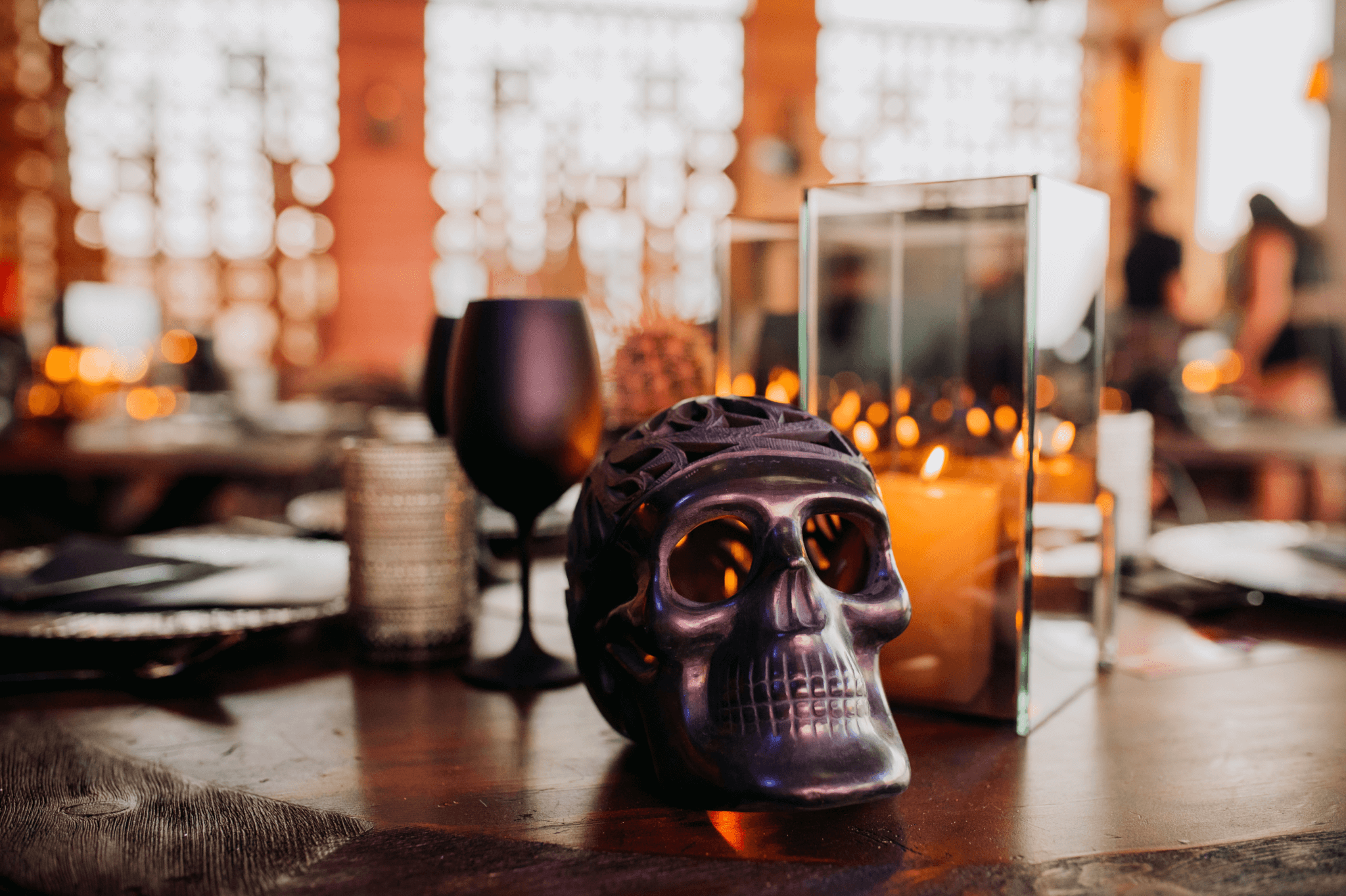 Casa Calavera Skull with Wine Glass and Candles
