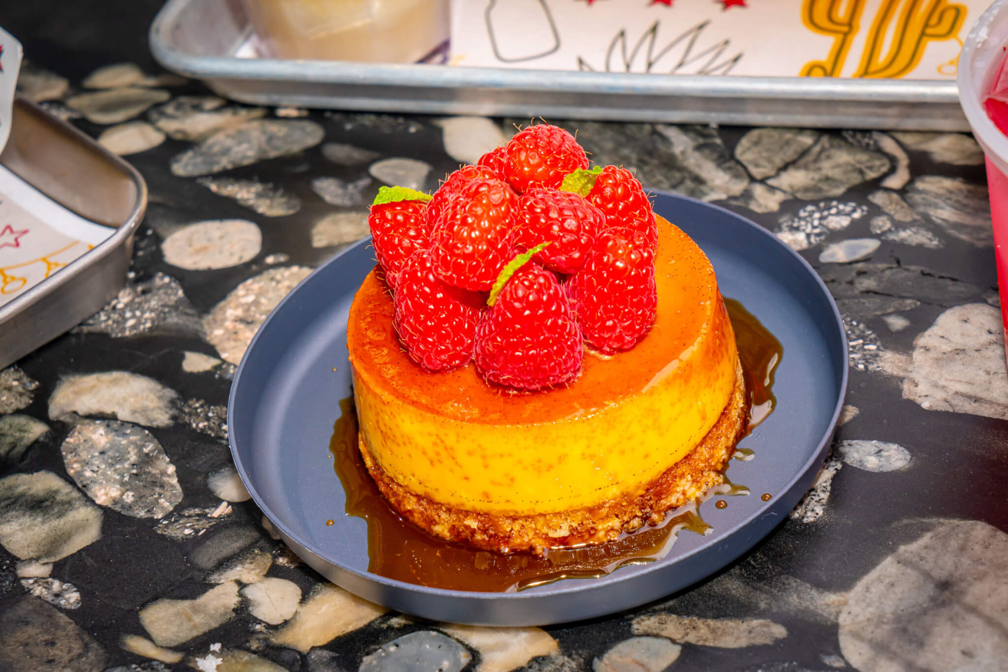 flan with raspberries