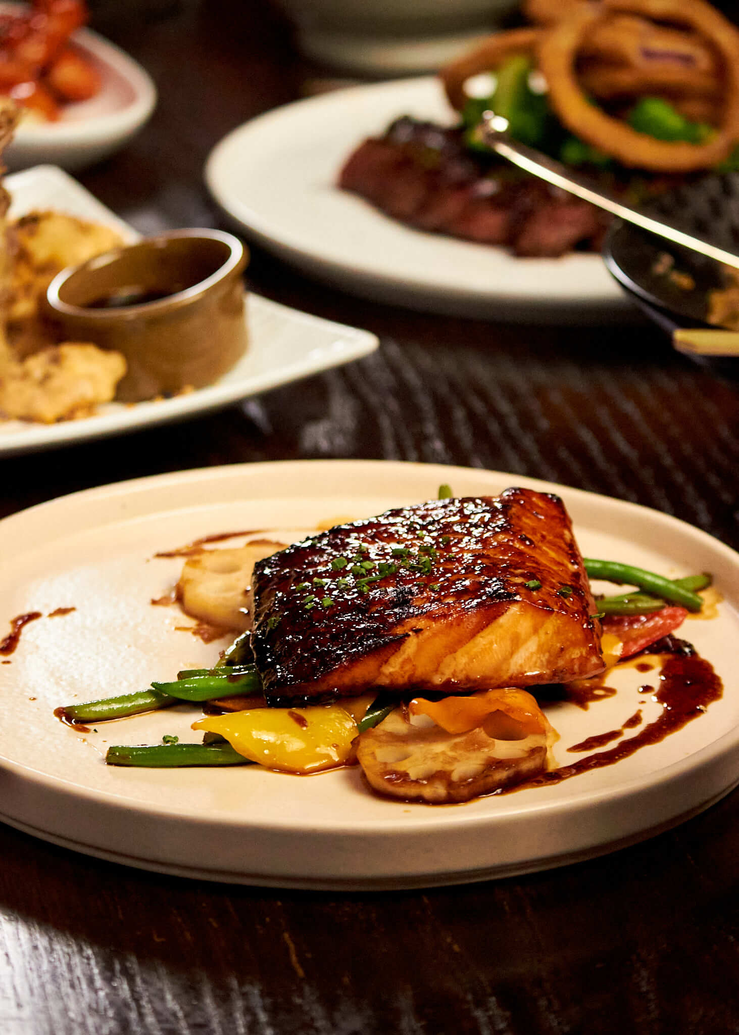 TAO Asian Bistro Las Vegas -Honey Glazed Salmon with Lotus Root, Green Beans and Baby Sweet Peppers