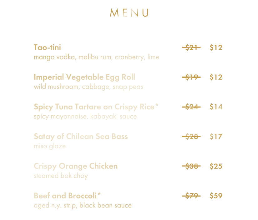 TAO Celebrating 25 Years Menu