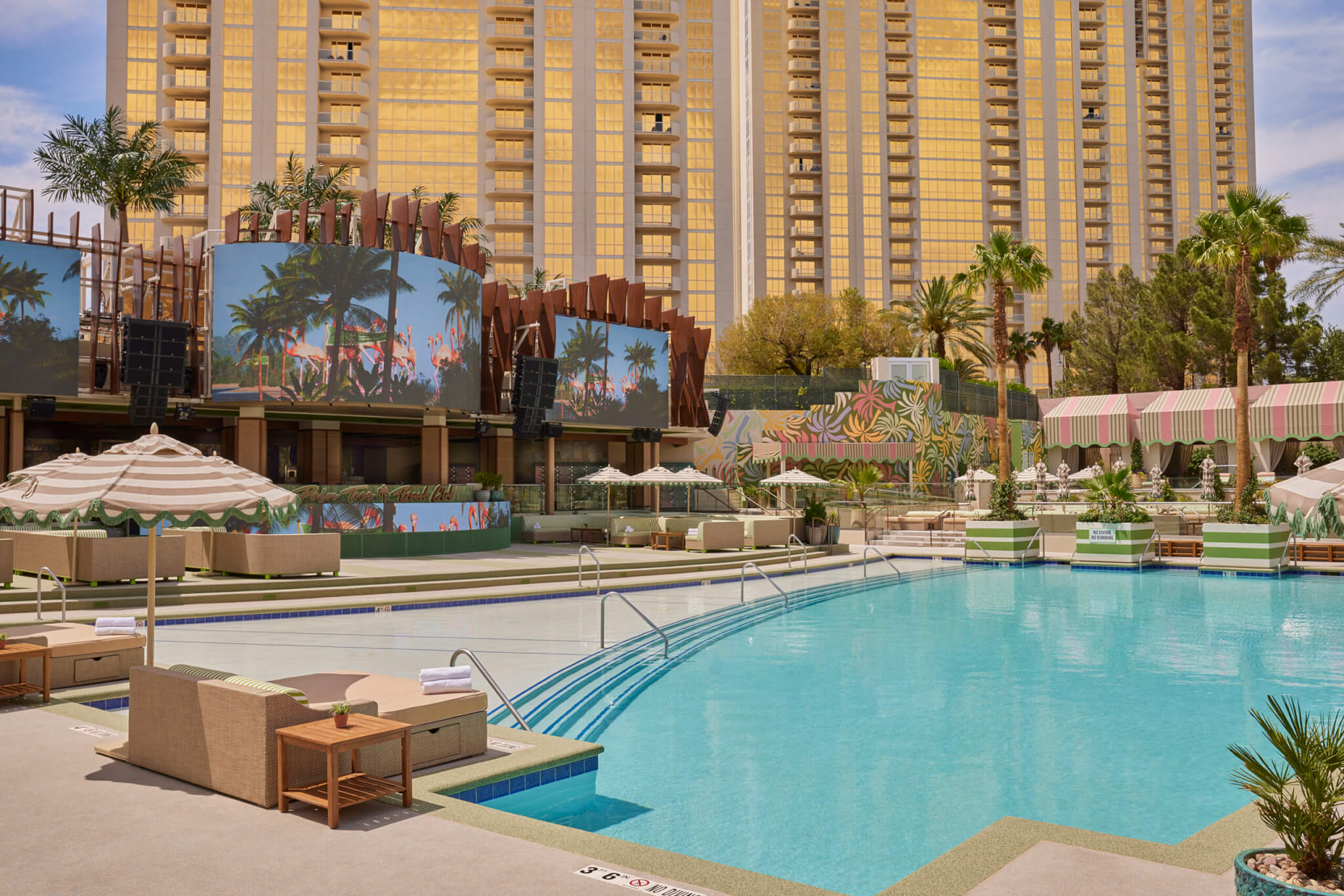 palm tree beach club pool deck and LED screens