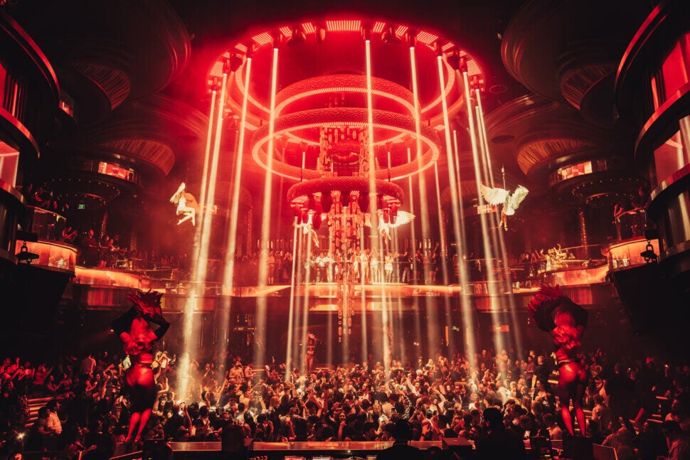 Omnia Chandelier and crowd partying