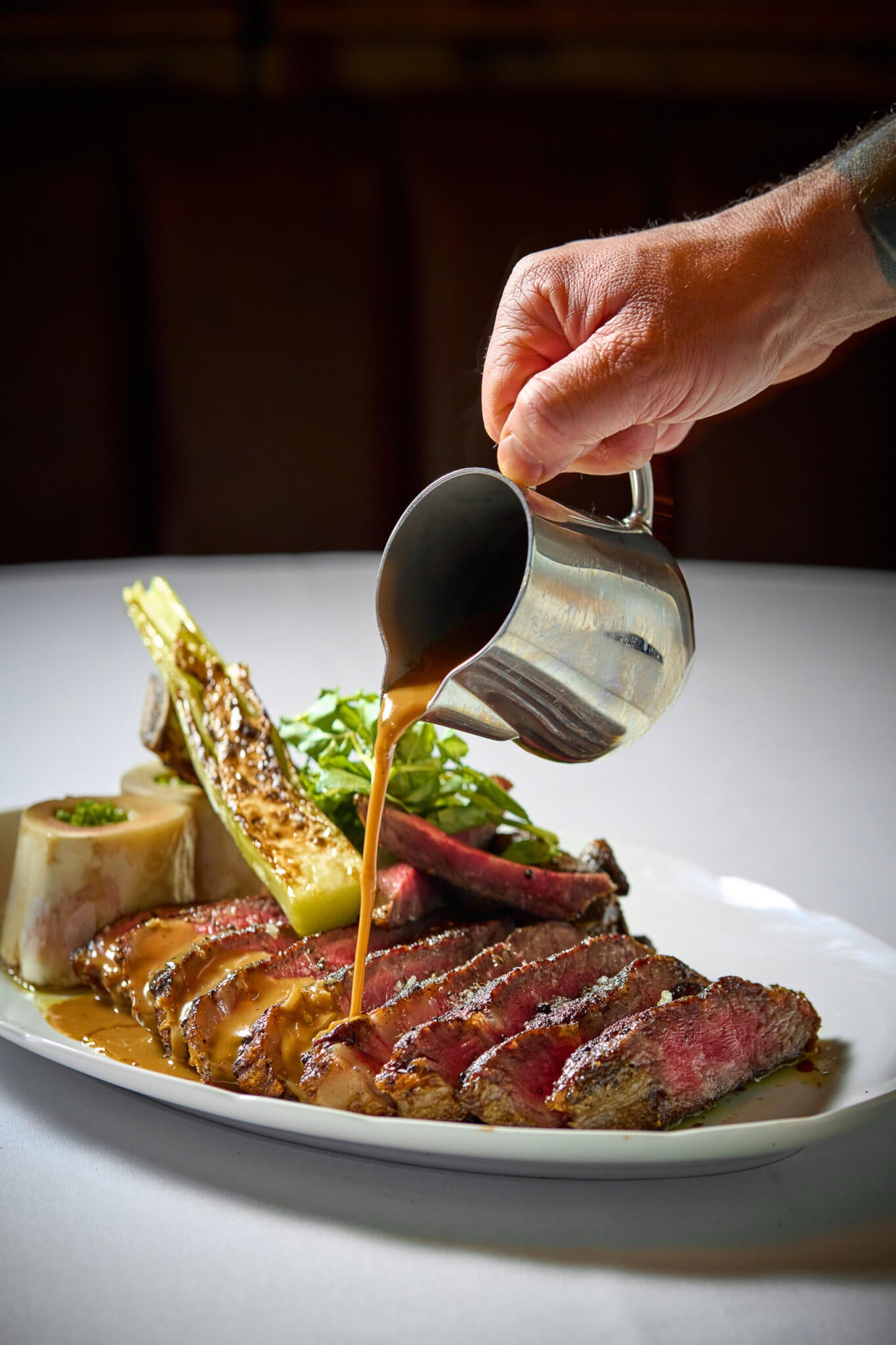 Prime Aged Ribeye Rotisserie Leek, Bone Marrow, Sauce Verte