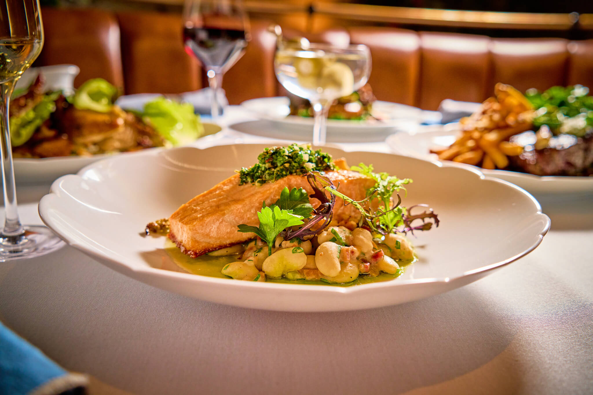 Faroe Island Salmon with Bacon, Caraflex Cabbage, Tarbais Beans, Vin Jaune