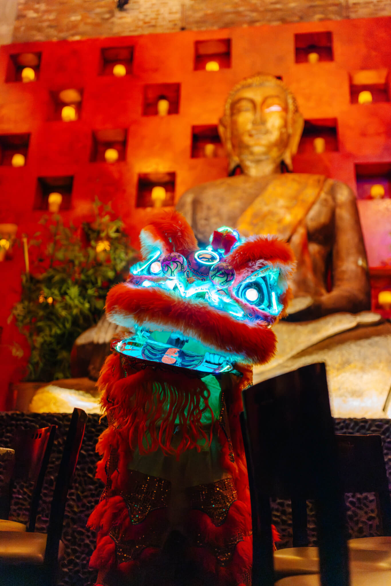 Lion Dance in front of Buddha